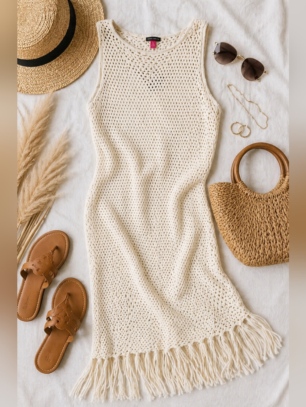 Vince Camuto Lined Crochet Maxi Dress Fringe Hem Boho Beach Resort